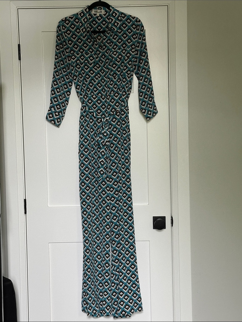 Diane Von Furstenberg Silk Jumpsuit - Teal, White, Brown Geometric Size 4